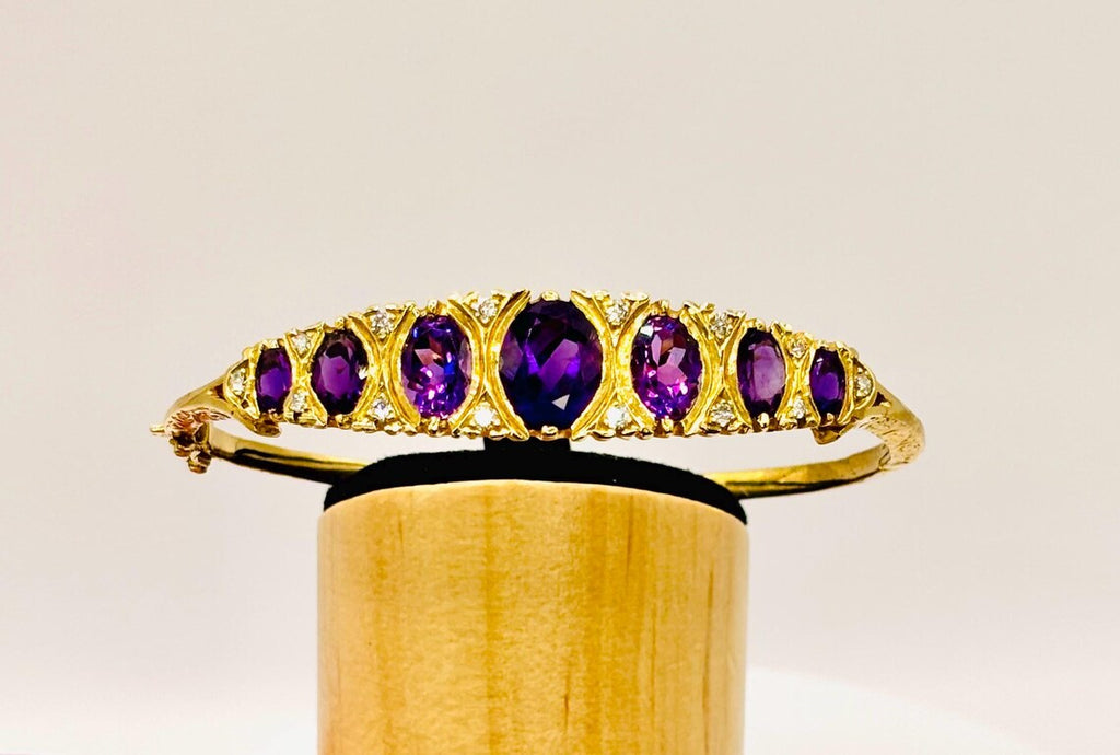Victorian-Inspired Handmade Gold Graduated Amethyst and Diamond Hinged Bangle