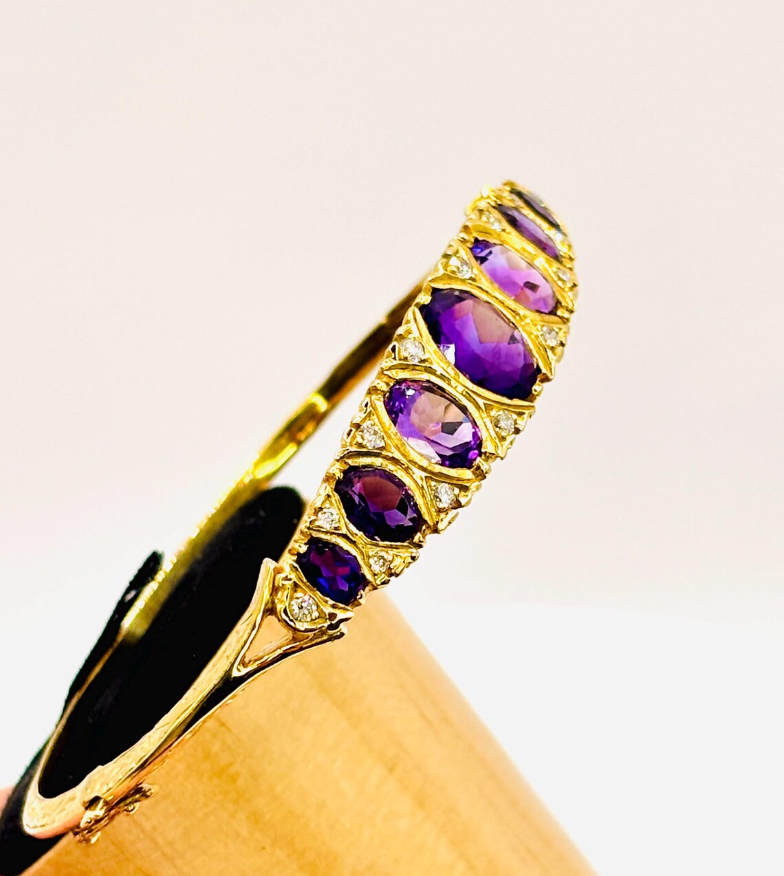 Victorian-Inspired Handmade Gold Graduated Amethyst and Diamond Hinged Bangle
