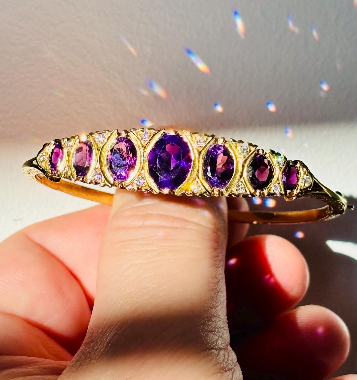 Victorian-Inspired Handmade Gold Graduated Amethyst and Diamond Hinged Bangle