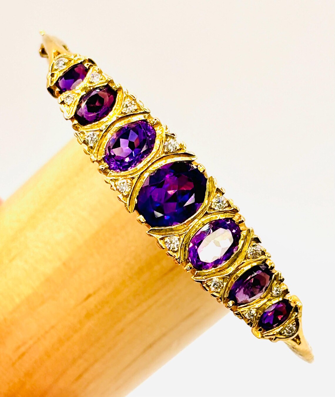 Victorian-Inspired Handmade Gold Graduated Amethyst and Diamond Hinged Bangle