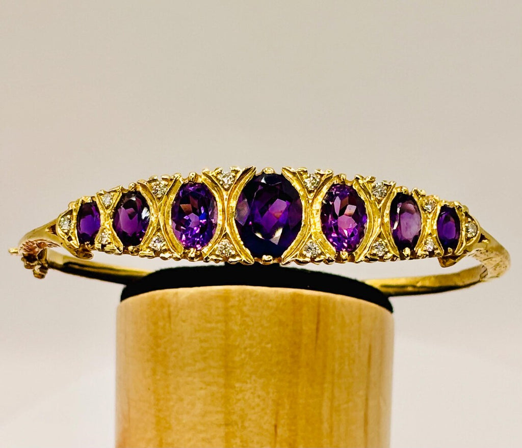 Victorian-Inspired Handmade Gold Graduated Amethyst and Diamond Hinged Bangle