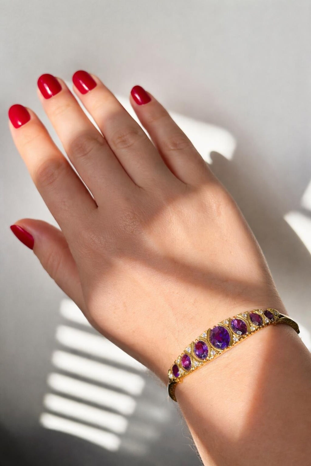 Victorian-Inspired Handmade Gold Graduated Amethyst and Diamond Hinged Bangle