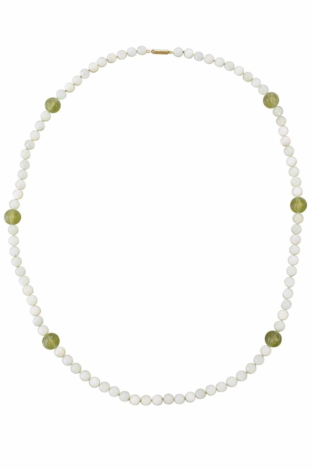 Antique Chinese Icy Jade Opera Necklace, Carved Melon Beads, 15ct Gold Clasp