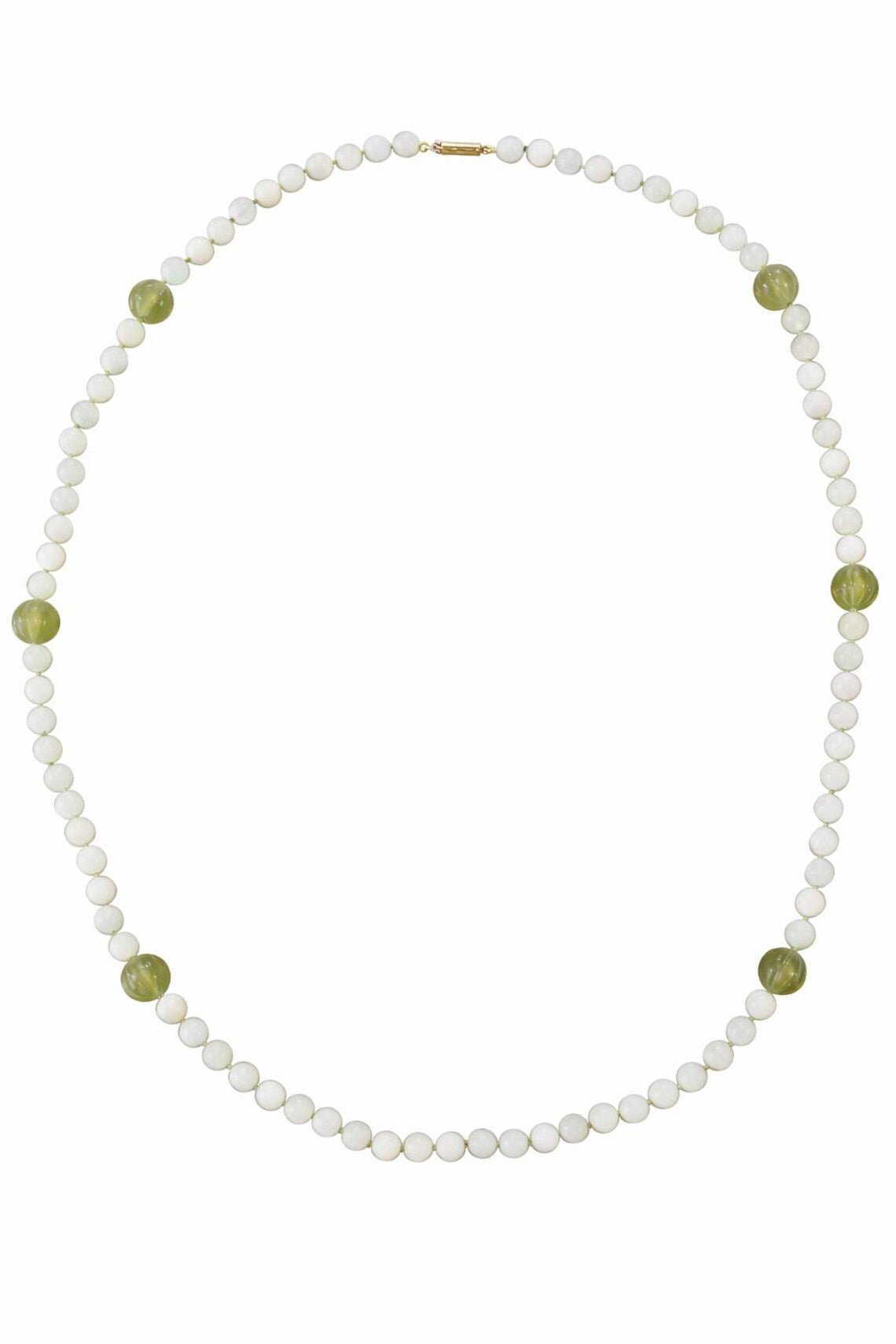 Antique Chinese Icy Jade Opera Necklace, Carved Melon Beads, 15ct Gold Clasp