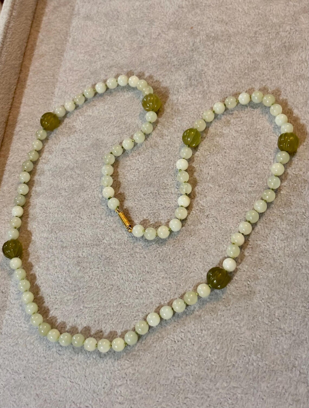 Antique Chinese Icy Jade Opera Necklace, Carved Melon Beads, 15ct Gold Clasp