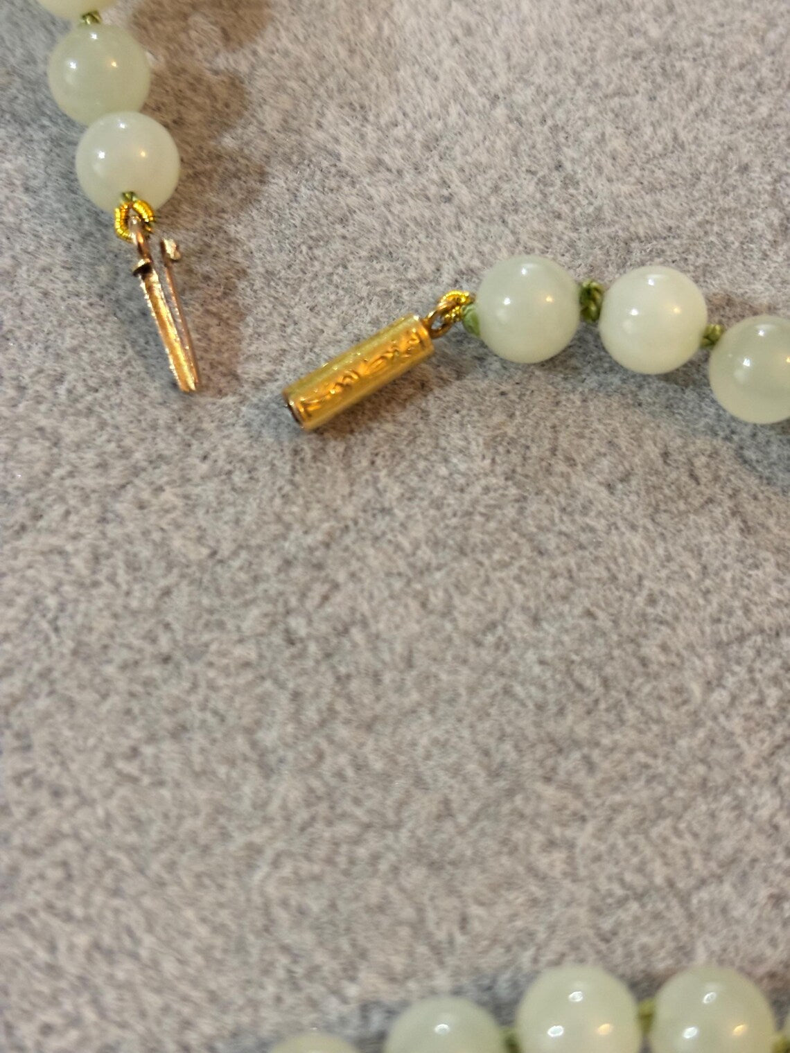 Antique Chinese Icy Jade Opera Necklace, Carved Melon Beads, 15ct Gold Clasp