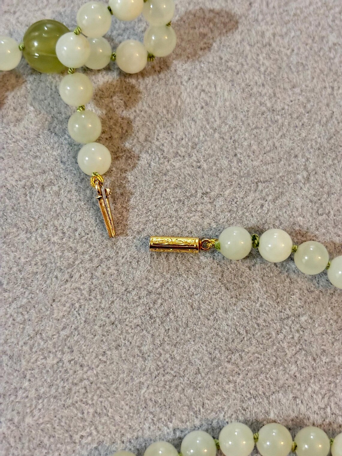 Antique Chinese Icy Jade Opera Necklace, Carved Melon Beads, 15ct Gold Clasp