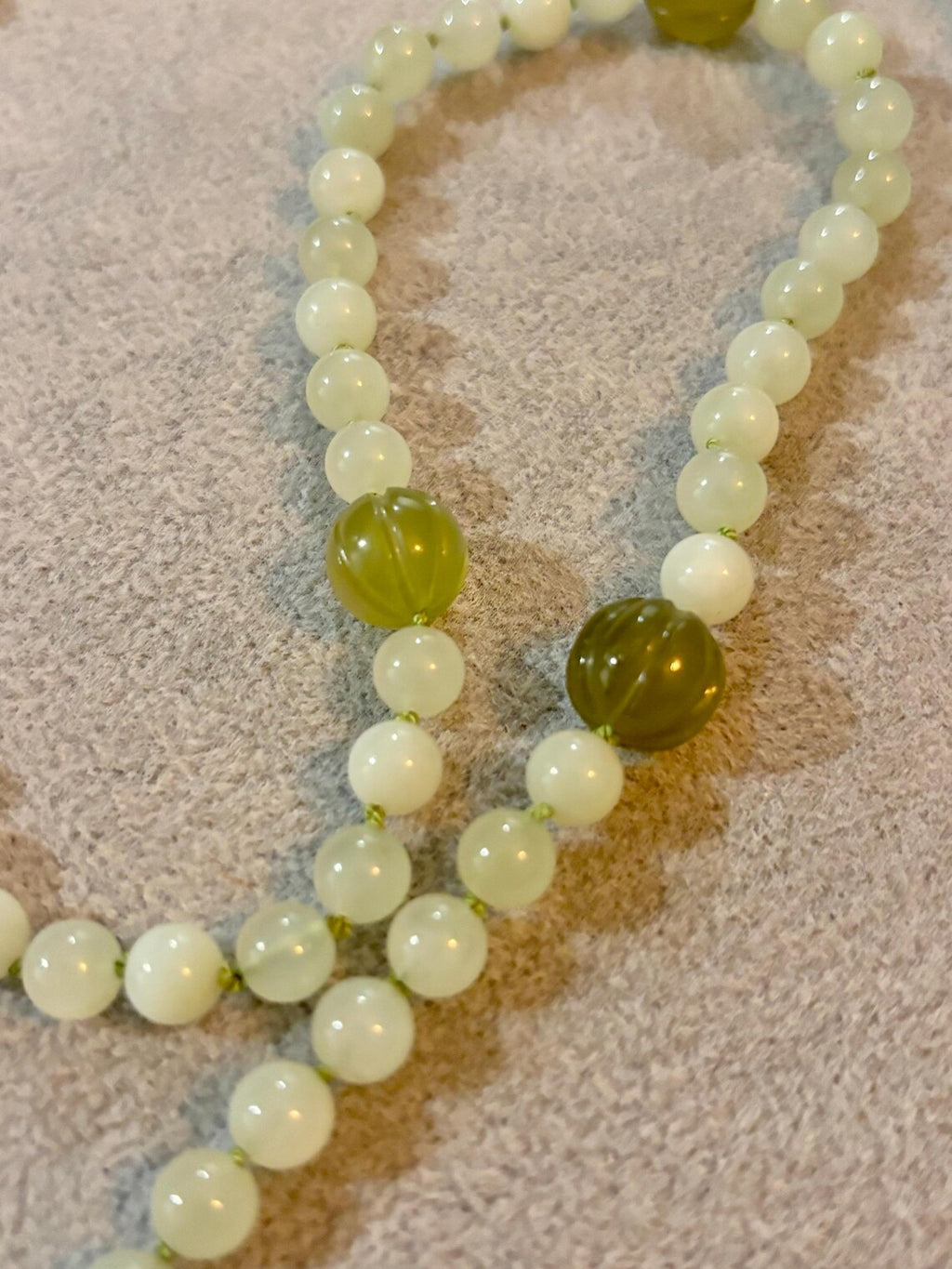 Antique Chinese Icy Jade Opera Necklace, Carved Melon Beads, 15ct Gold Clasp