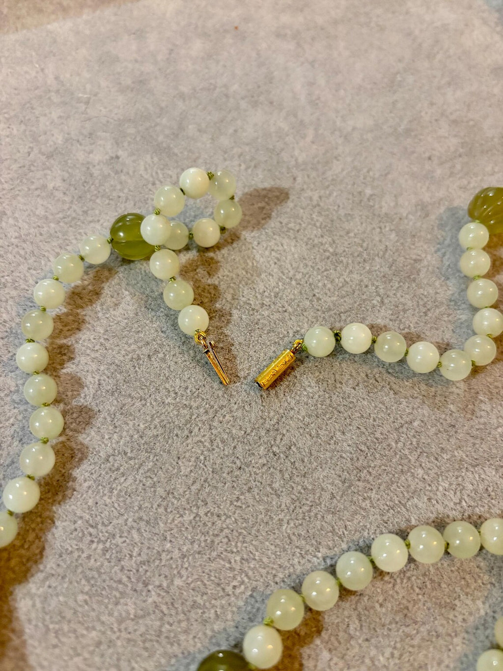 Antique Chinese Icy Jade Opera Necklace, Carved Melon Beads, 15ct Gold Clasp