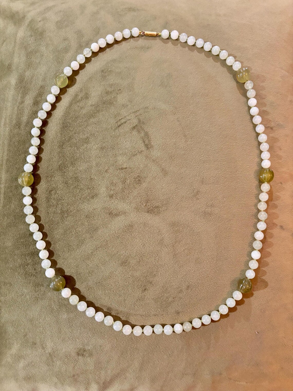 Antique Chinese Icy Jade Opera Necklace, Carved Melon Beads, 15ct Gold Clasp