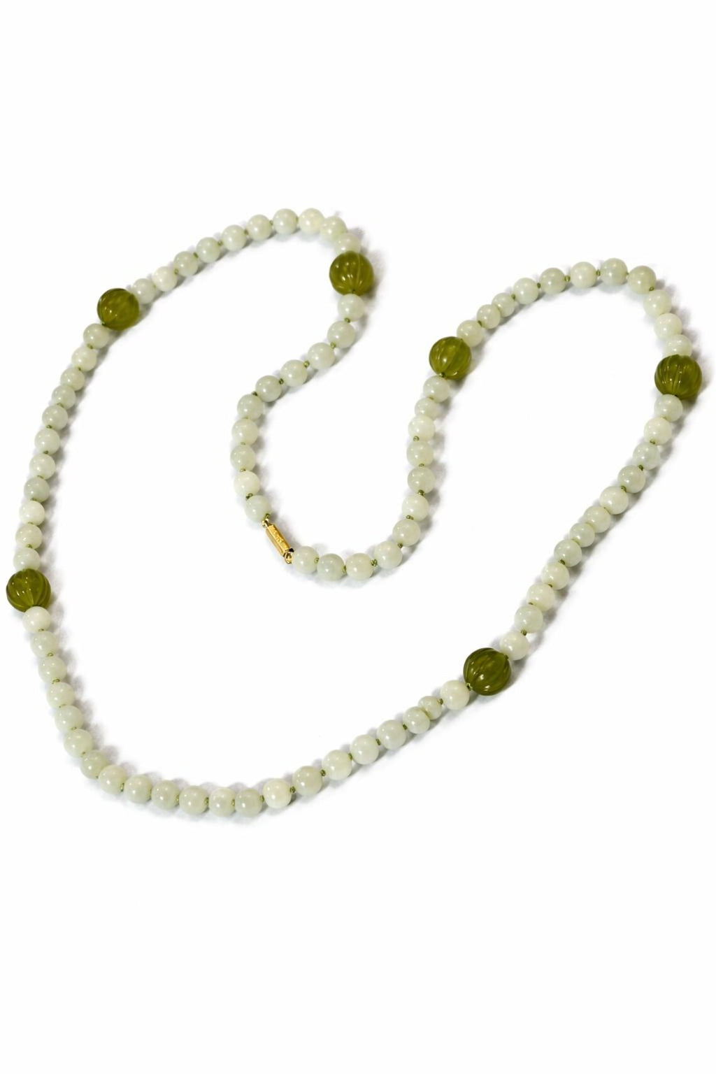 Antique Chinese Icy Jade Opera Necklace, Carved Melon Beads, 15ct Gold Clasp