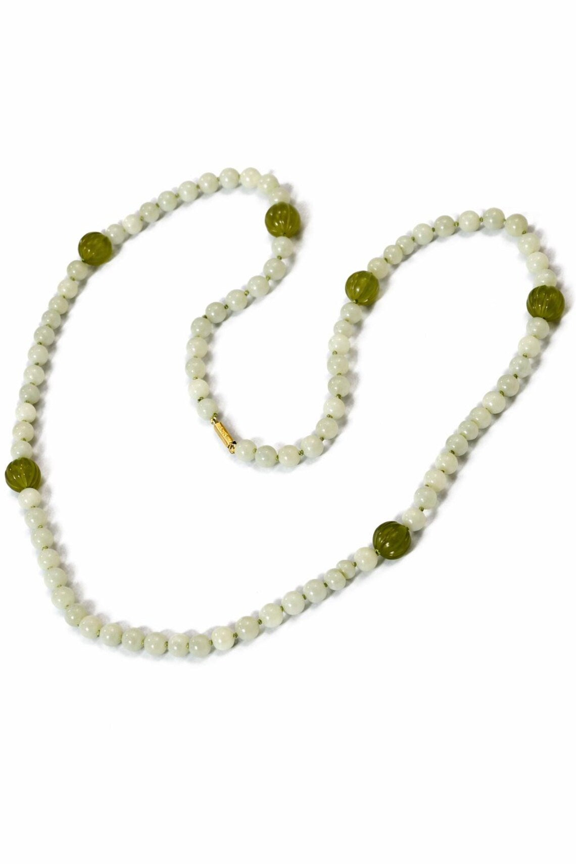Antique Chinese Icy Jade Opera Necklace, Carved Melon Beads, 15ct Gold Clasp