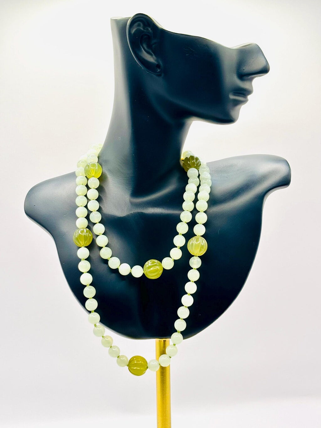 Antique Chinese Icy Jade Opera Necklace, Carved Melon Beads, 15ct Gold Clasp