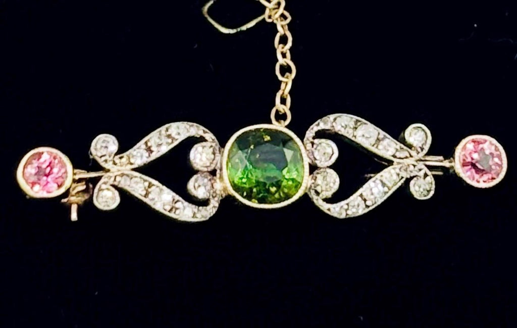Edwardian Green & Pink Tourmaline and Diamond Bar Brooch, Circa 1900, 14K Gold