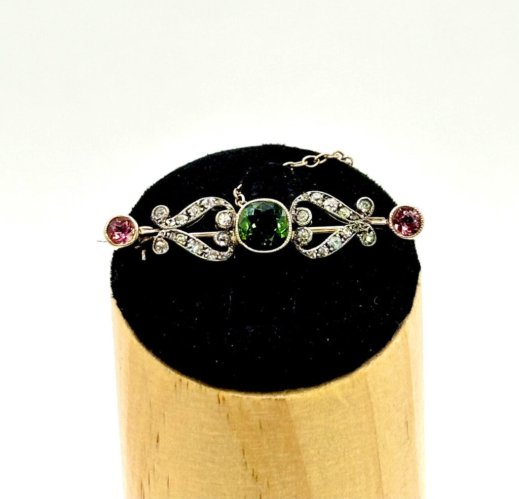 Edwardian Green & Pink Tourmaline and Diamond Bar Brooch, Circa 1900, 14K Gold