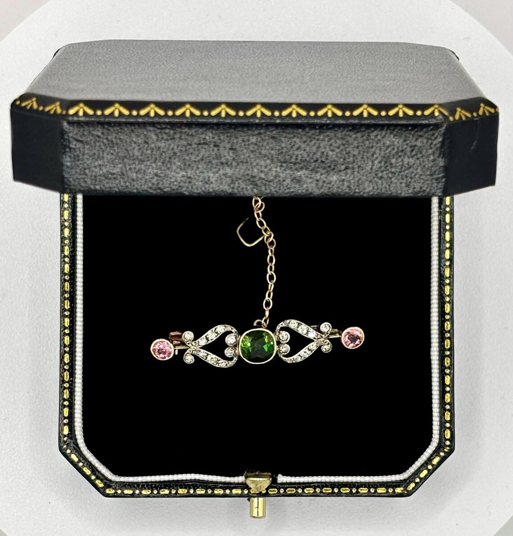 Edwardian Green & Pink Tourmaline and Diamond Bar Brooch, Circa 1900, 14K Gold