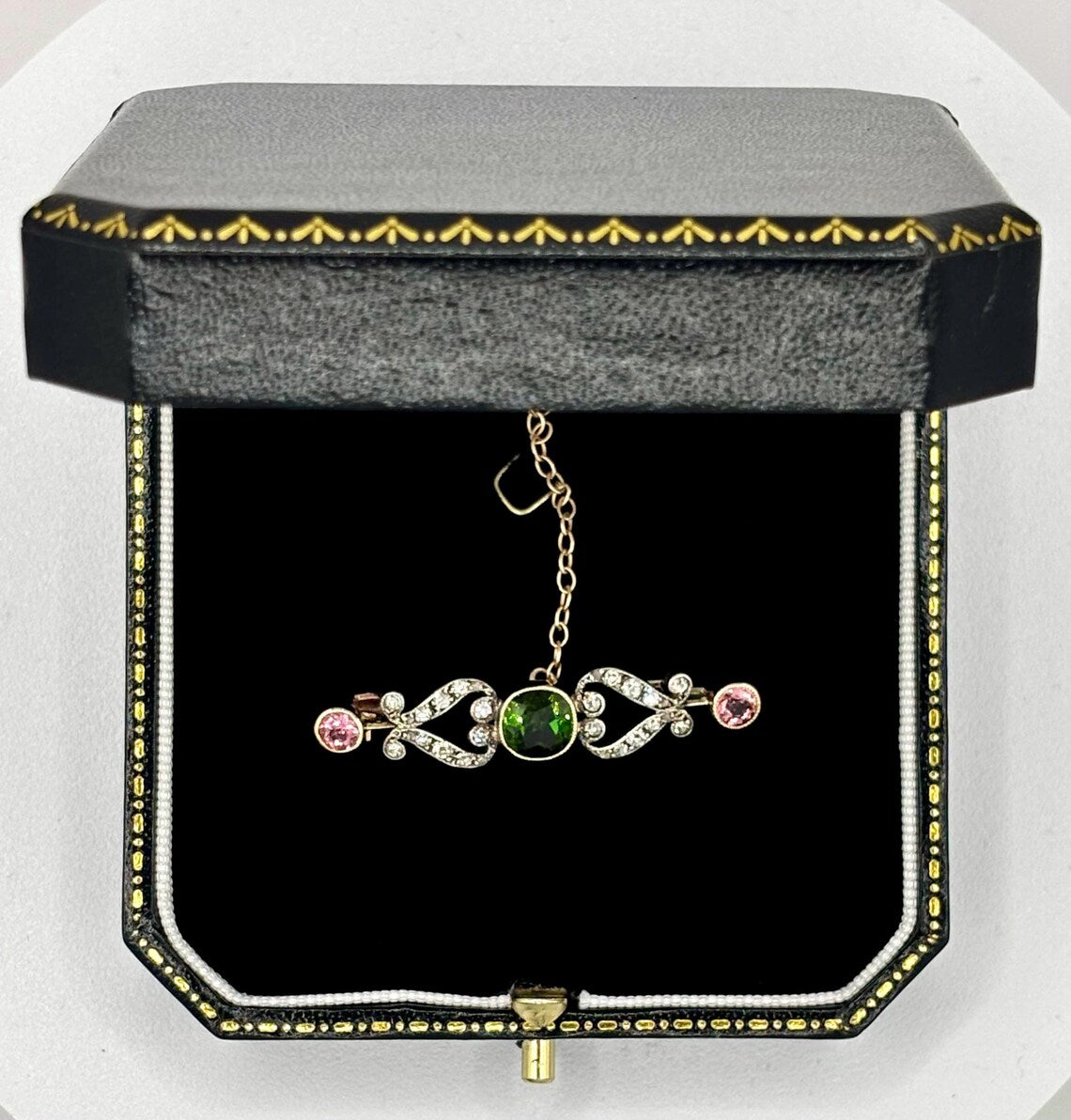 Edwardian Green & Pink Tourmaline and Diamond Bar Brooch, Circa 1900, 14K Gold