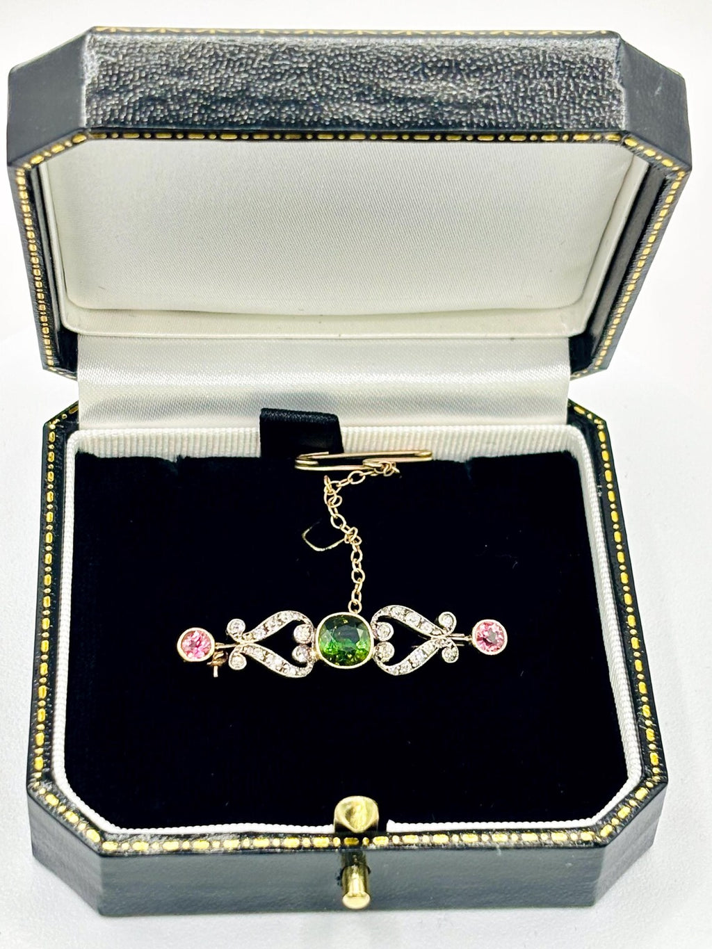 Edwardian Green & Pink Tourmaline and Diamond Bar Brooch, Circa 1900, 14K Gold