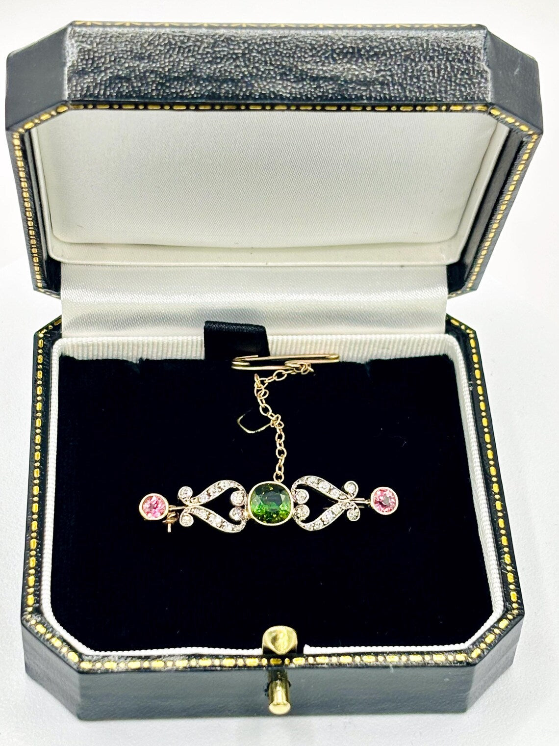 Edwardian Green & Pink Tourmaline and Diamond Bar Brooch, Circa 1900, 14K Gold