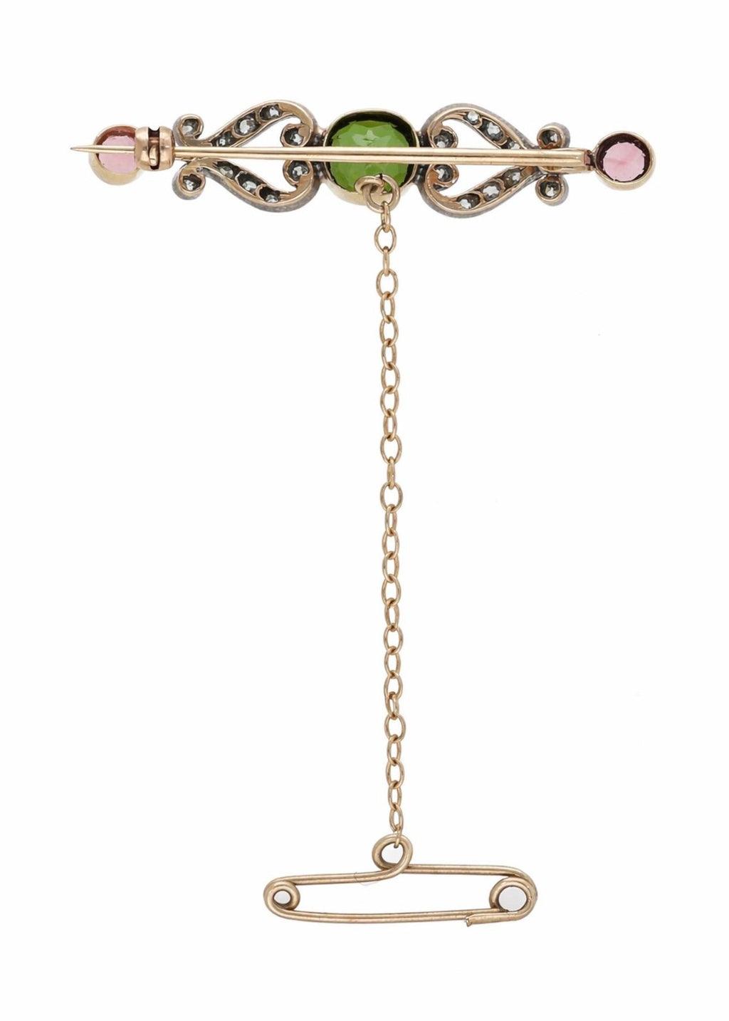 Edwardian Green & Pink Tourmaline and Diamond Bar Brooch, Circa 1900, 14K Gold