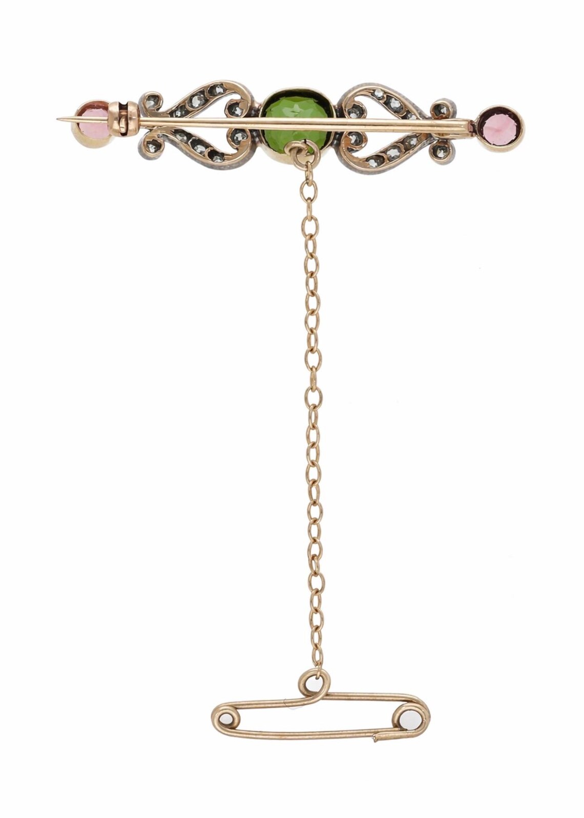 Edwardian Green & Pink Tourmaline and Diamond Bar Brooch, Circa 1900, 14K Gold