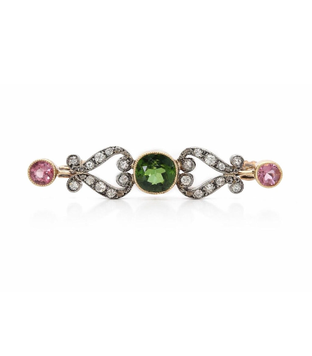 Edwardian Green & Pink Tourmaline and Diamond Bar Brooch, Circa 1900, 14K Gold
