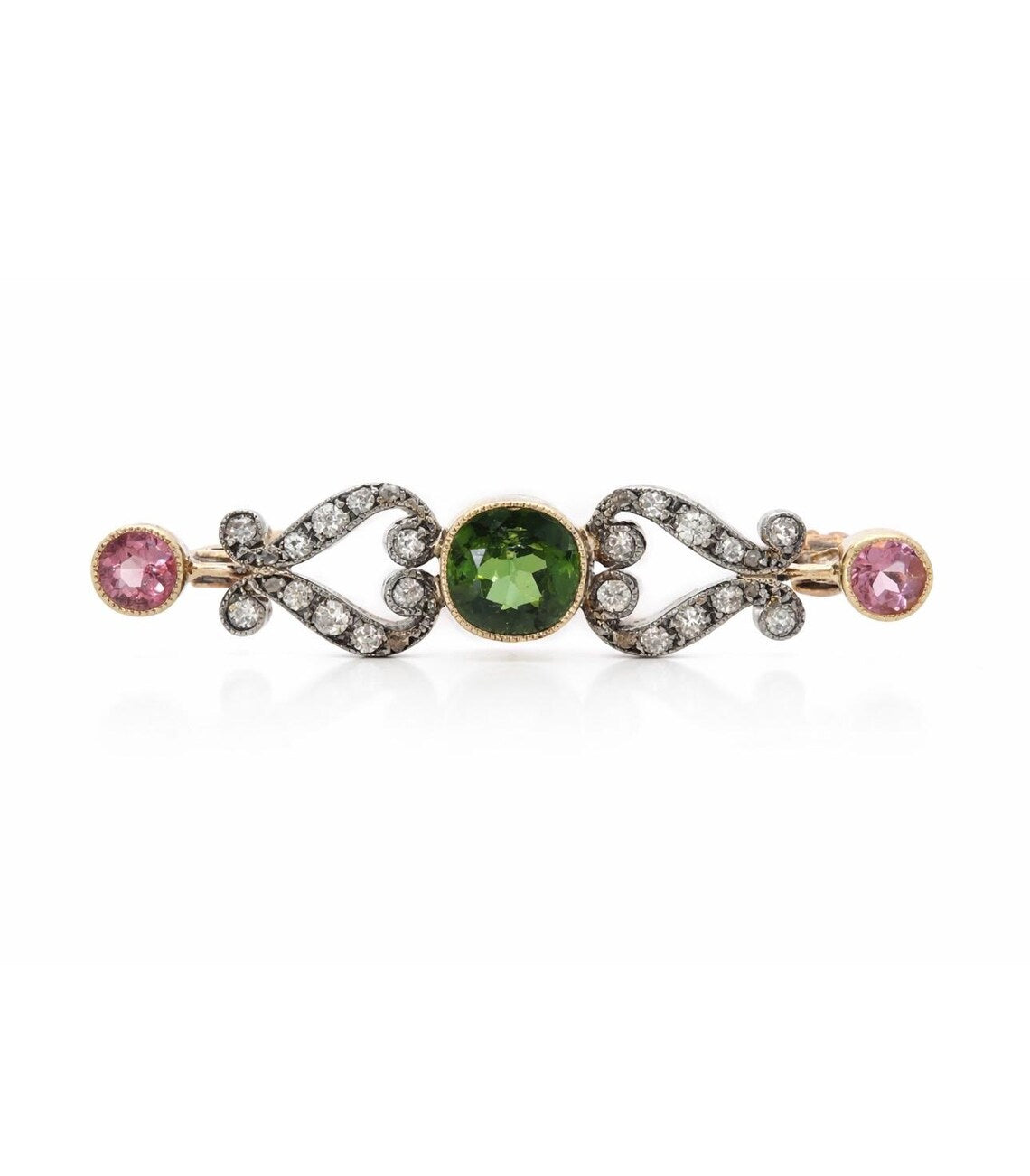 Edwardian Green & Pink Tourmaline and Diamond Bar Brooch, Circa 1900, 14K Gold