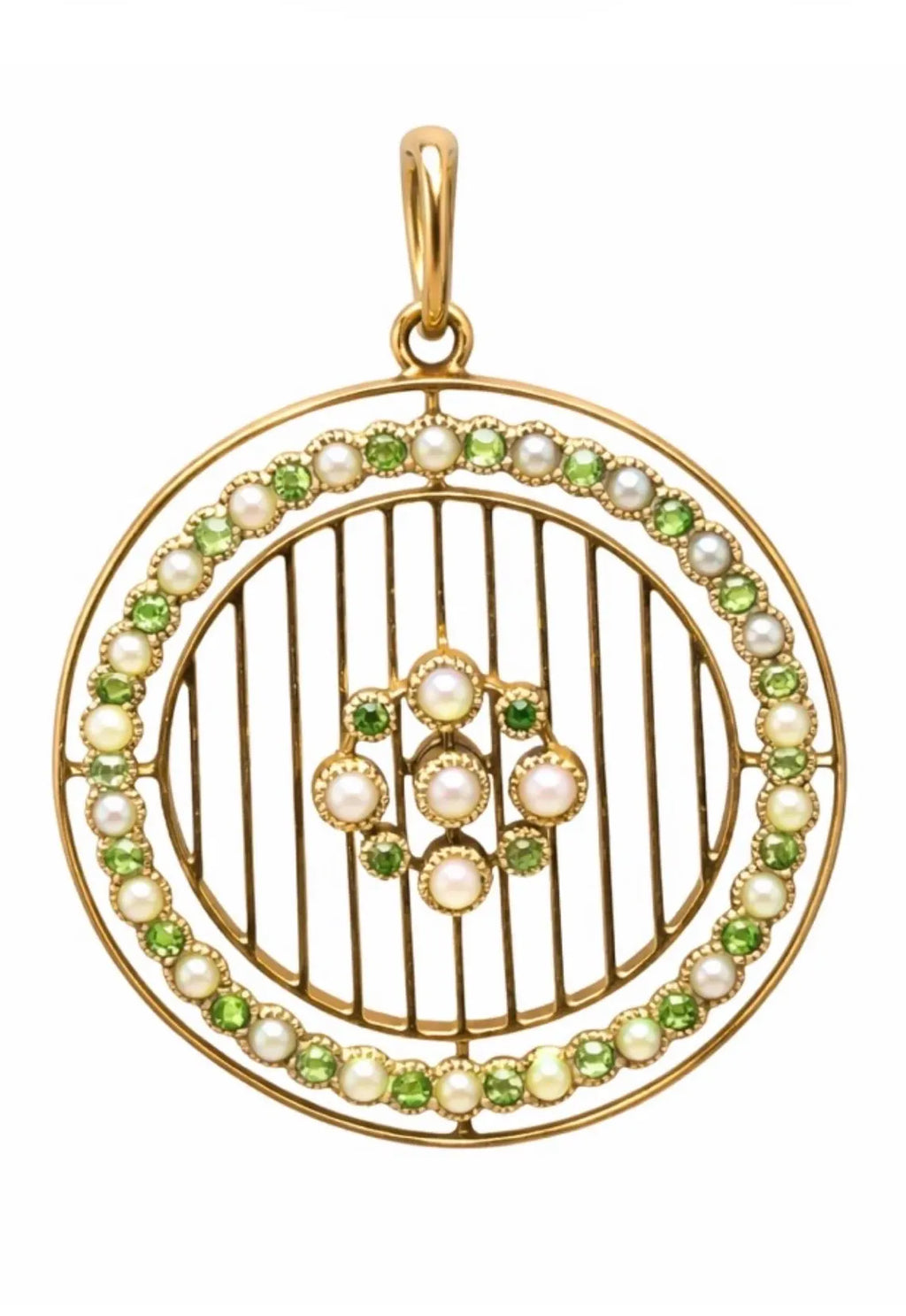 Edwardian 15ct Gold Peridot Seed Pearl Openwork Pendant, circa 1905 (18K Chain)