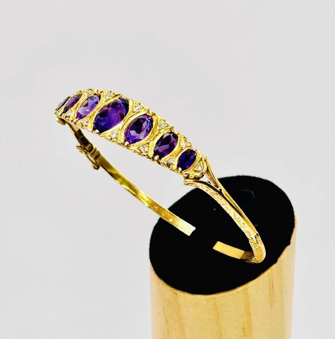 Victorian-Inspired Handmade Gold Graduated Amethyst and Diamond Hinged Bangle