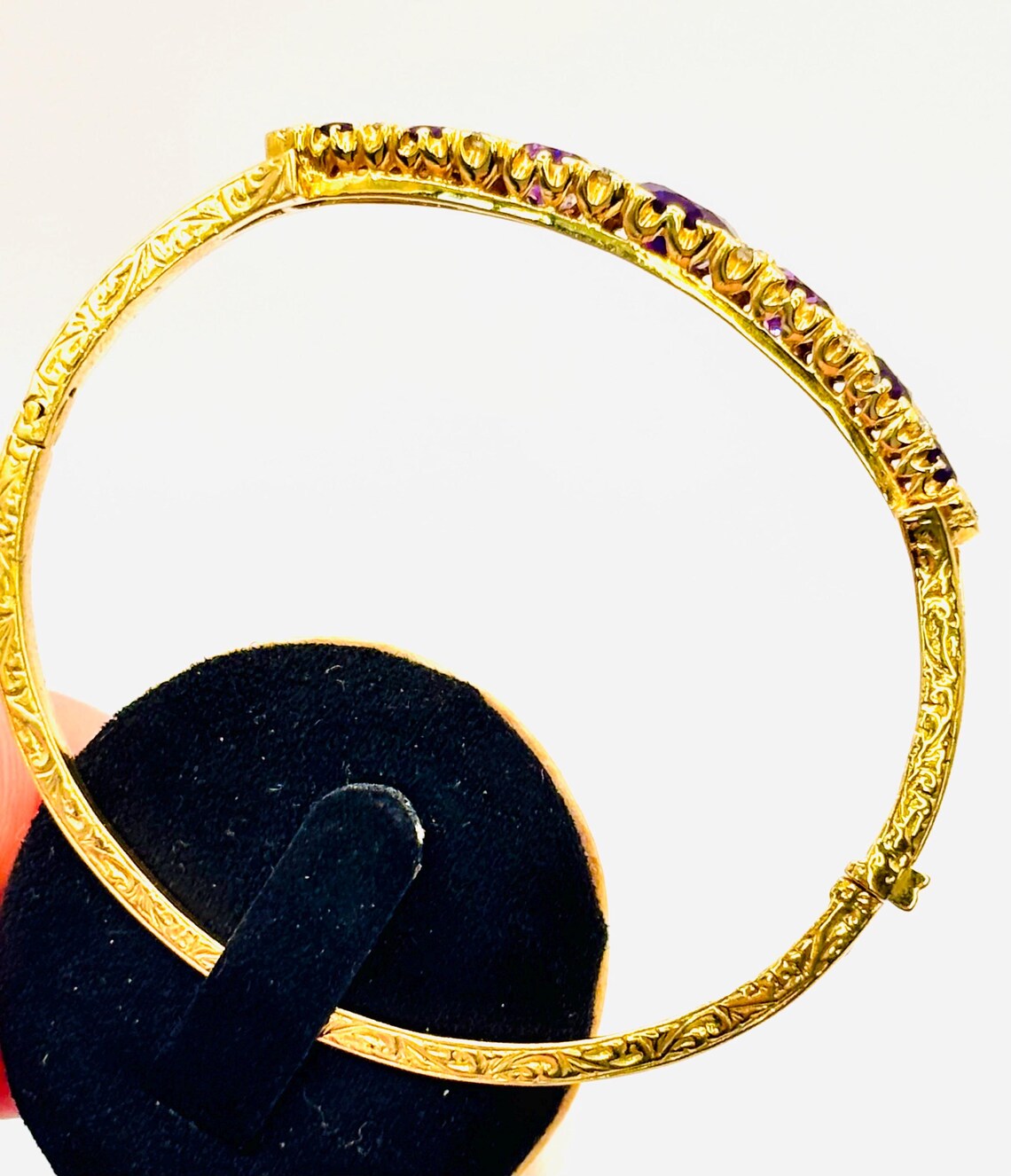 Victorian-Inspired Handmade Gold Graduated Amethyst and Diamond Hinged Bangle