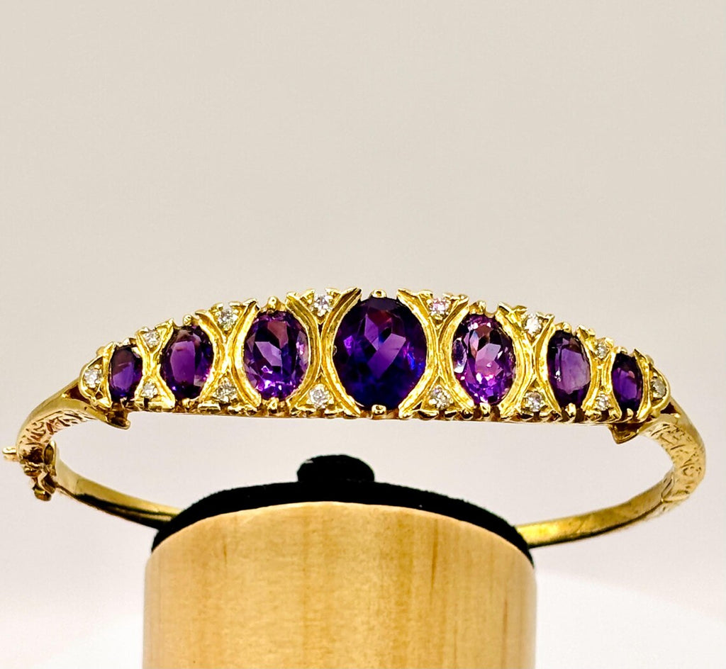 Victorian-Inspired Handmade Gold Graduated Amethyst and Diamond Hinged Bangle