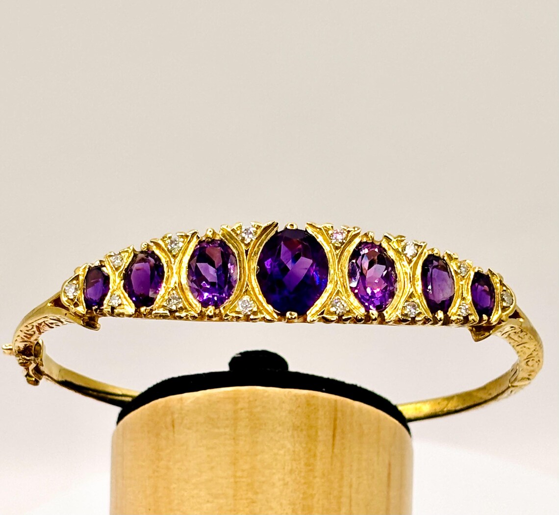 Victorian-Inspired Handmade Gold Graduated Amethyst and Diamond Hinged Bangle