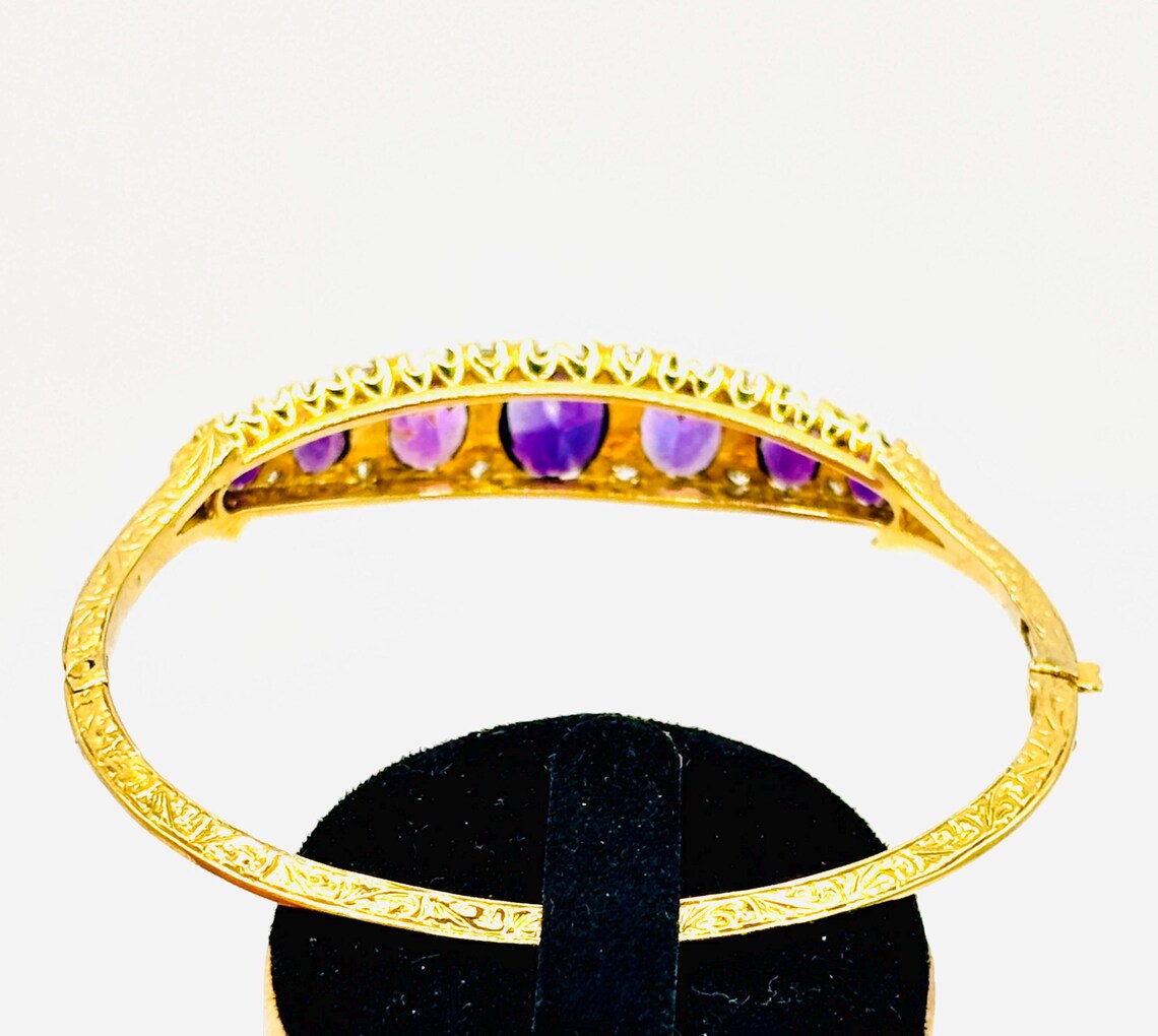 Victorian-Inspired Handmade Gold Graduated Amethyst and Diamond Hinged Bangle