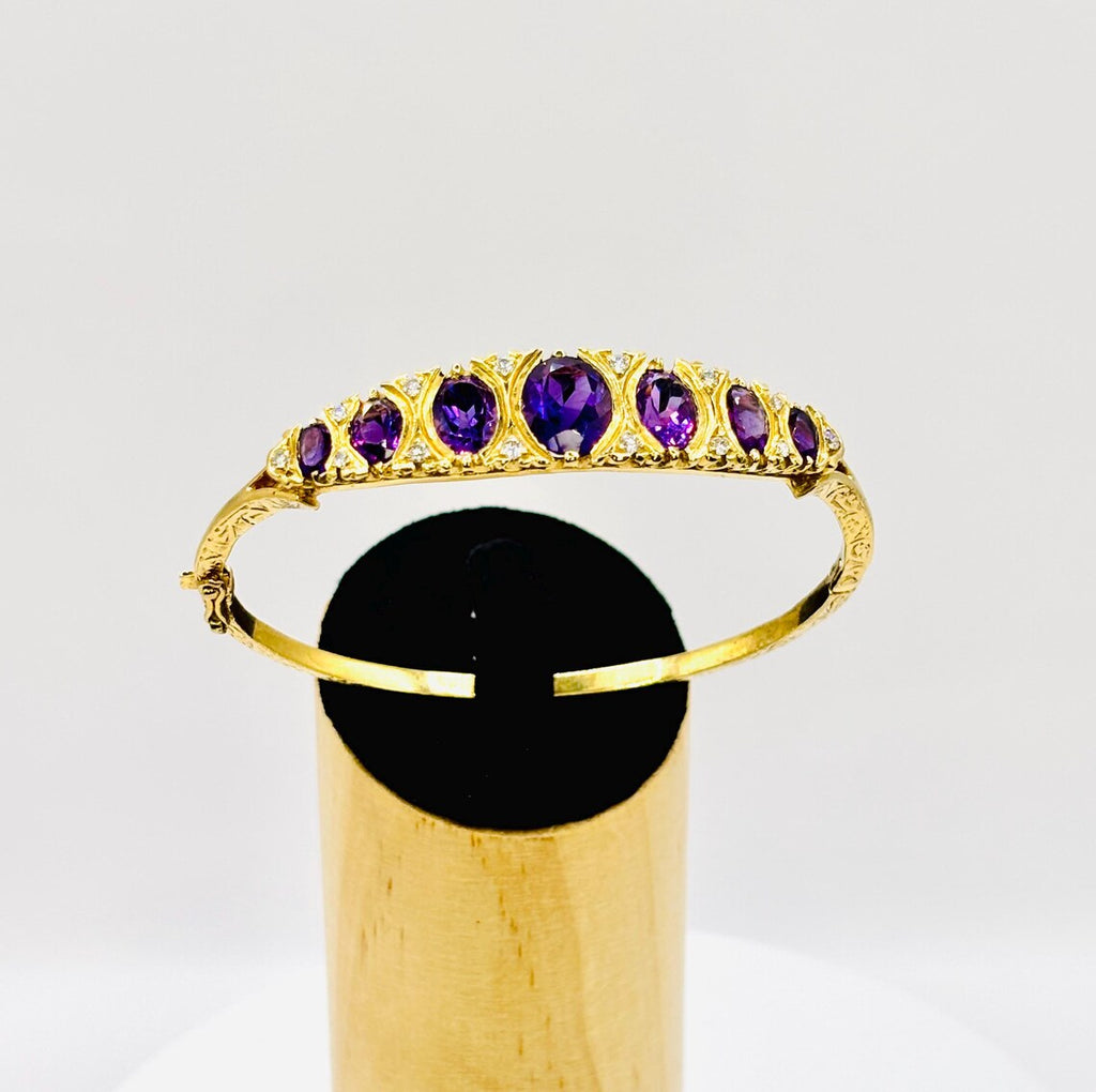 Victorian-Inspired Handmade Gold Graduated Amethyst and Diamond Hinged Bangle