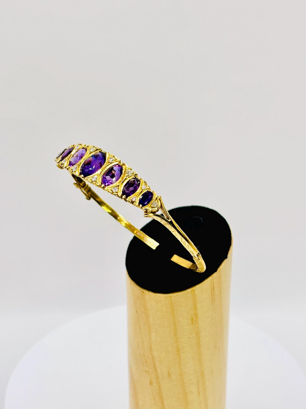 Victorian-Inspired Handmade Gold Graduated Amethyst and Diamond Hinged Bangle