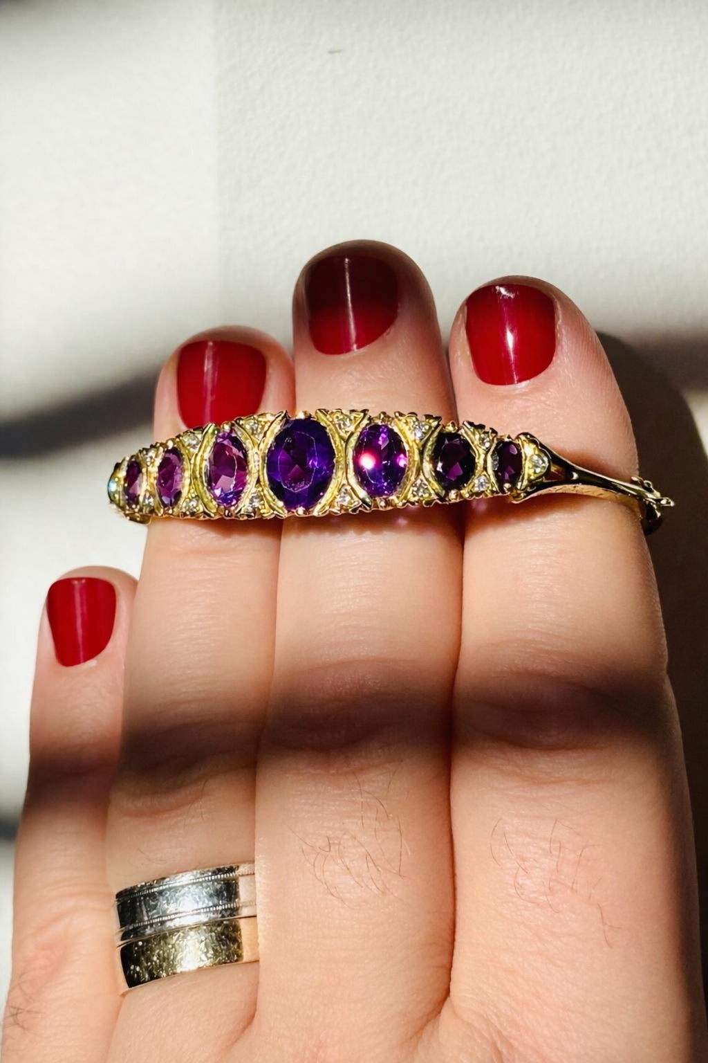 Victorian-Inspired Handmade Gold Graduated Amethyst and Diamond Hinged Bangle