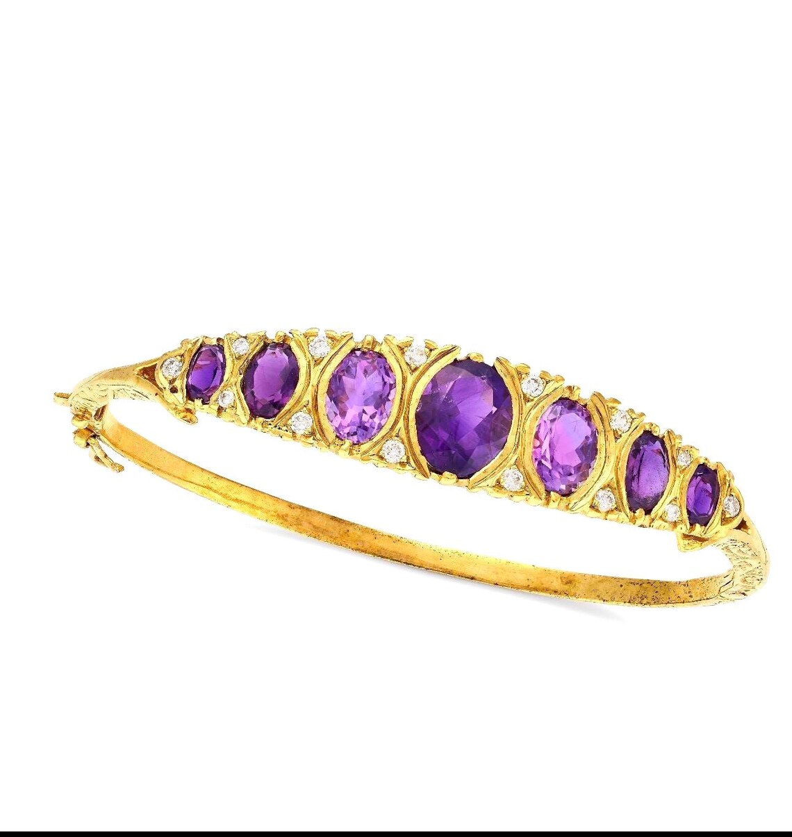Victorian-Inspired Handmade Gold Graduated Amethyst and Diamond Hinged Bangle