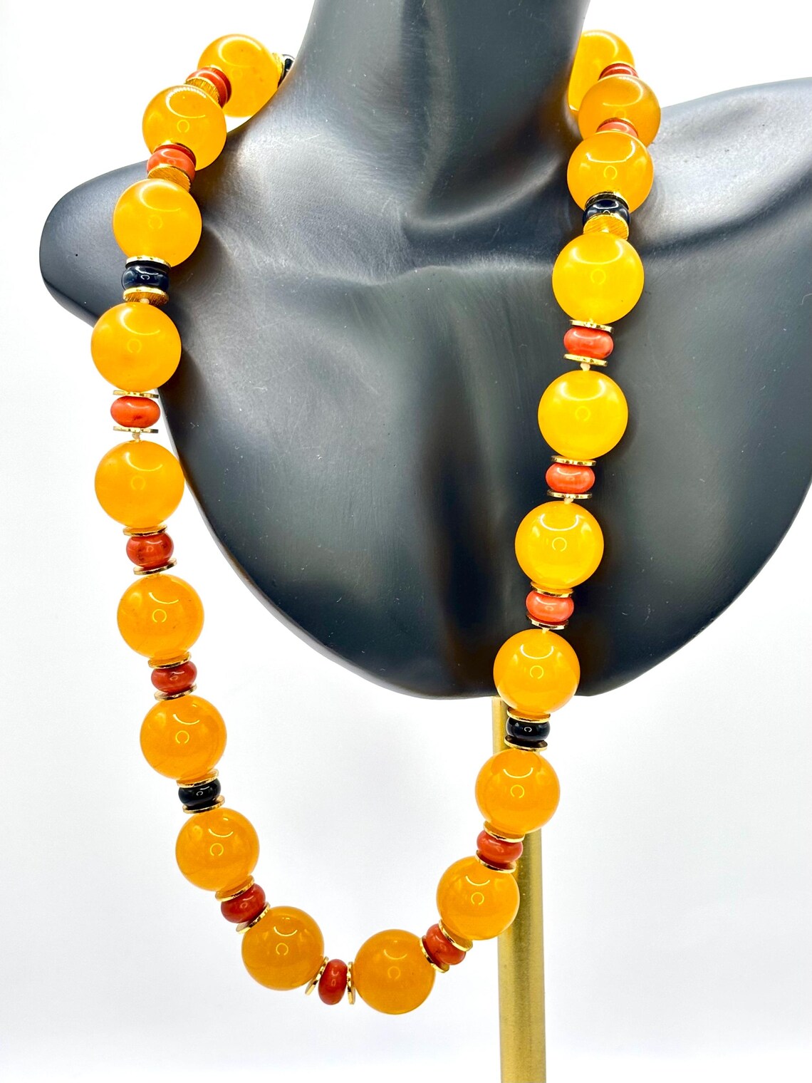 Vintage Certified Orange Quartz Bead Necklace with Coral, Onyx and 14K Gold-Filled Spacers