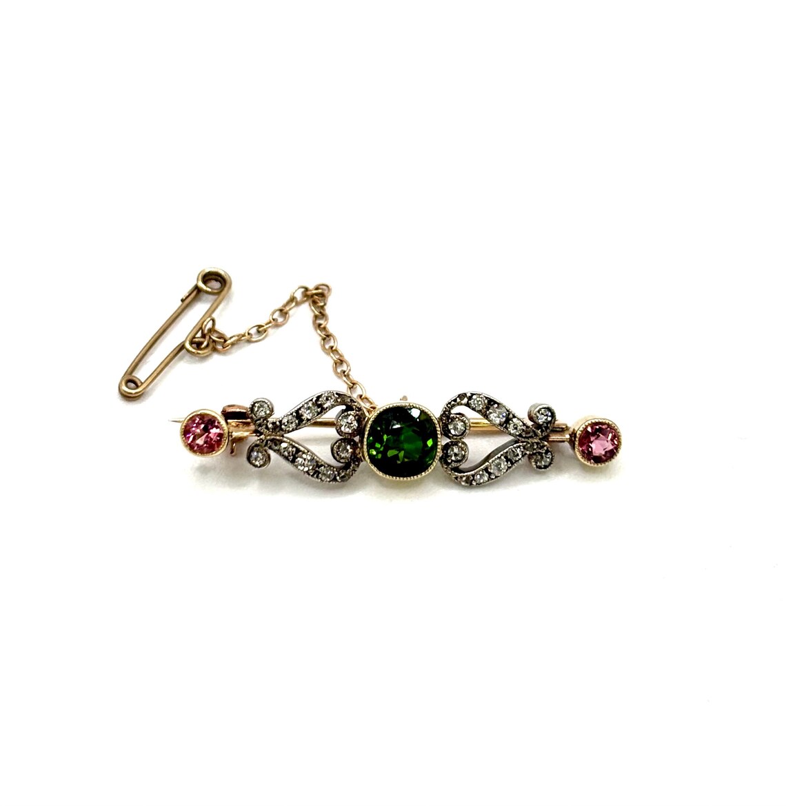 Edwardian Green & Pink Tourmaline and Diamond Bar Brooch, Circa 1900, 14K Gold
