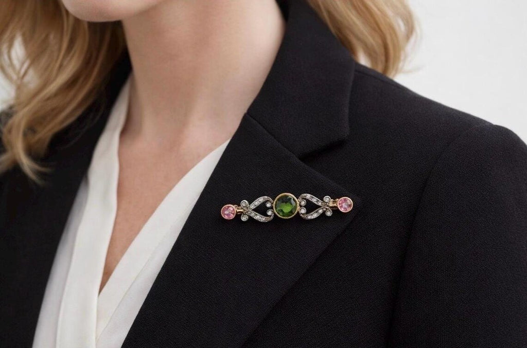 Edwardian Green & Pink Tourmaline and Diamond Bar Brooch, Circa 1900, 14K Gold