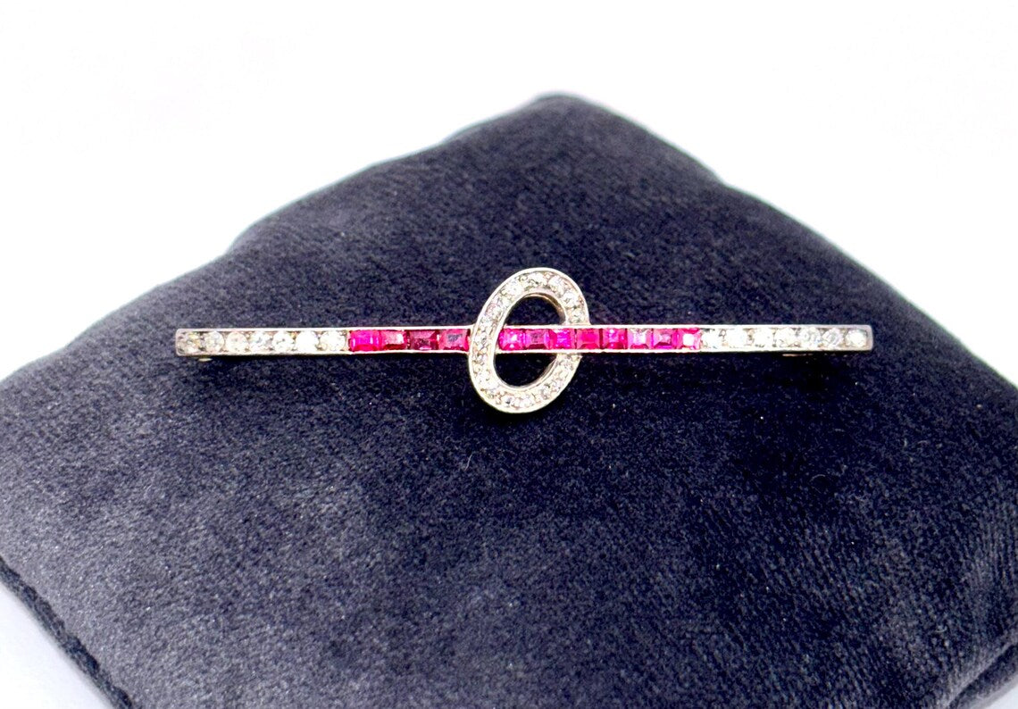 1920s Austrian Ruby and Diamond Bar Brooch in 14ct Gold