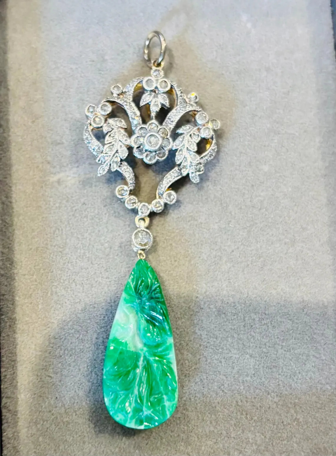 ANTIQUE JADE JADEITE & Diamonds Gold Pendant c.1900-1910