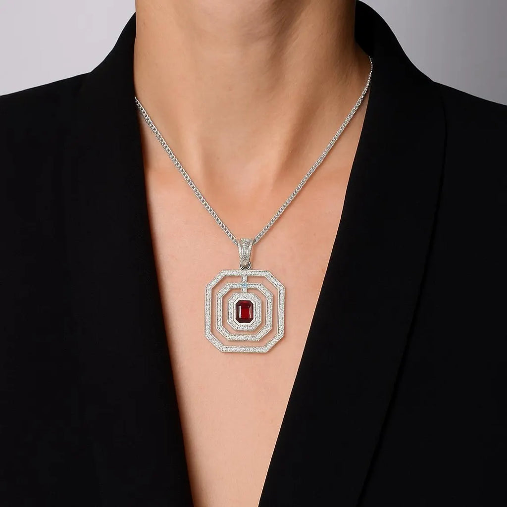 RED RUBY & DIAMONDS Pendant Handcrafted in 18K White Gold