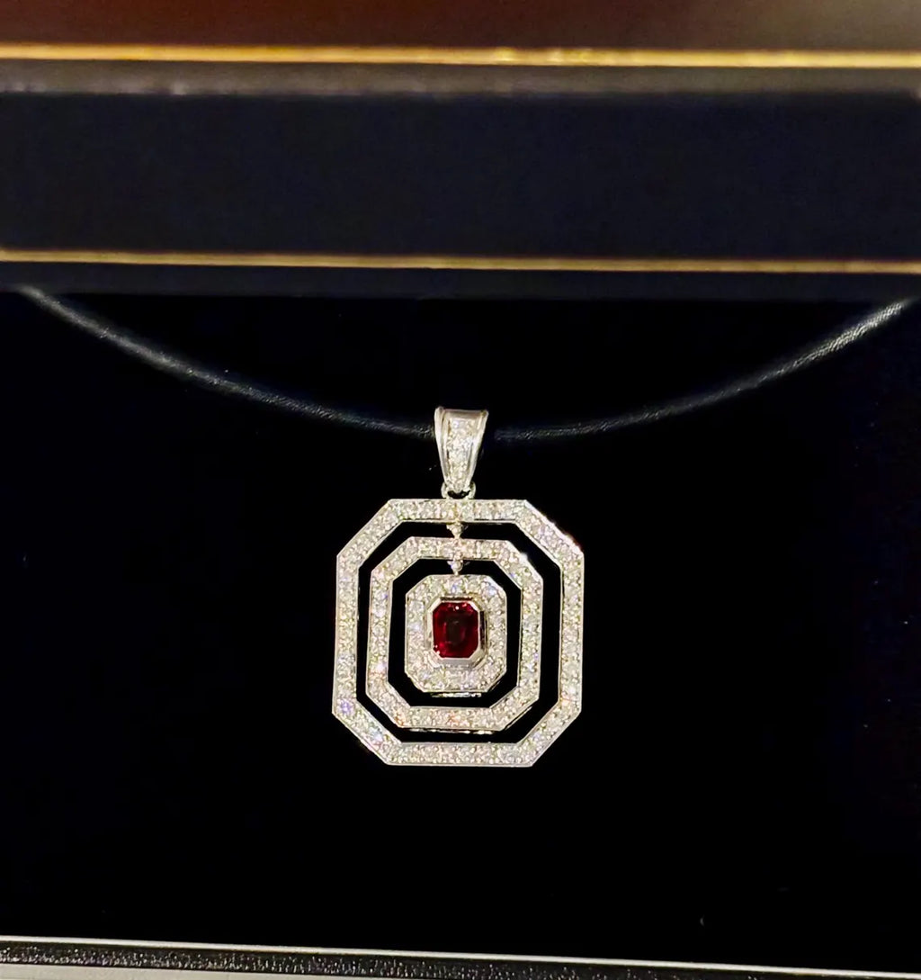 RED RUBY & DIAMONDS Pendant Handcrafted in 18K White Gold