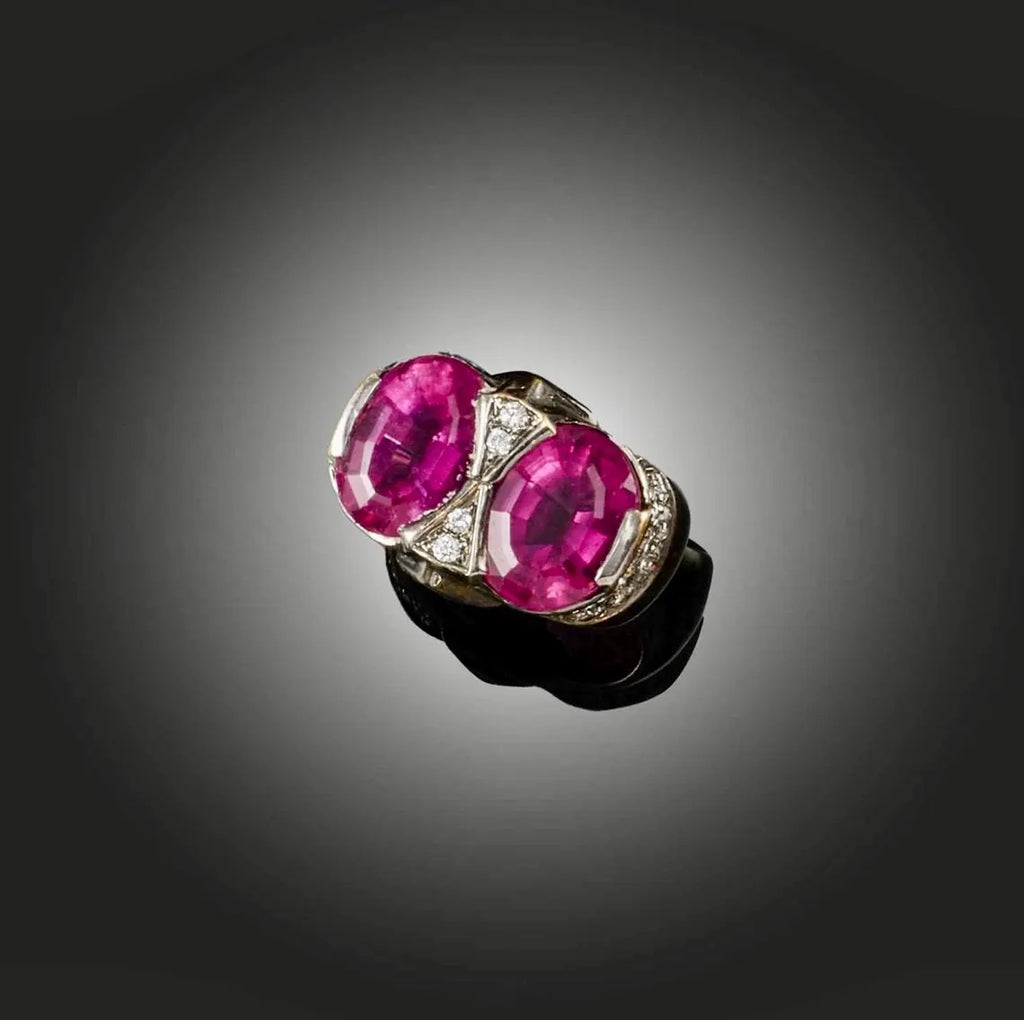 ART DECO STYLE Vintage Pink Tourmalines Diamonds & Sapphires Ring