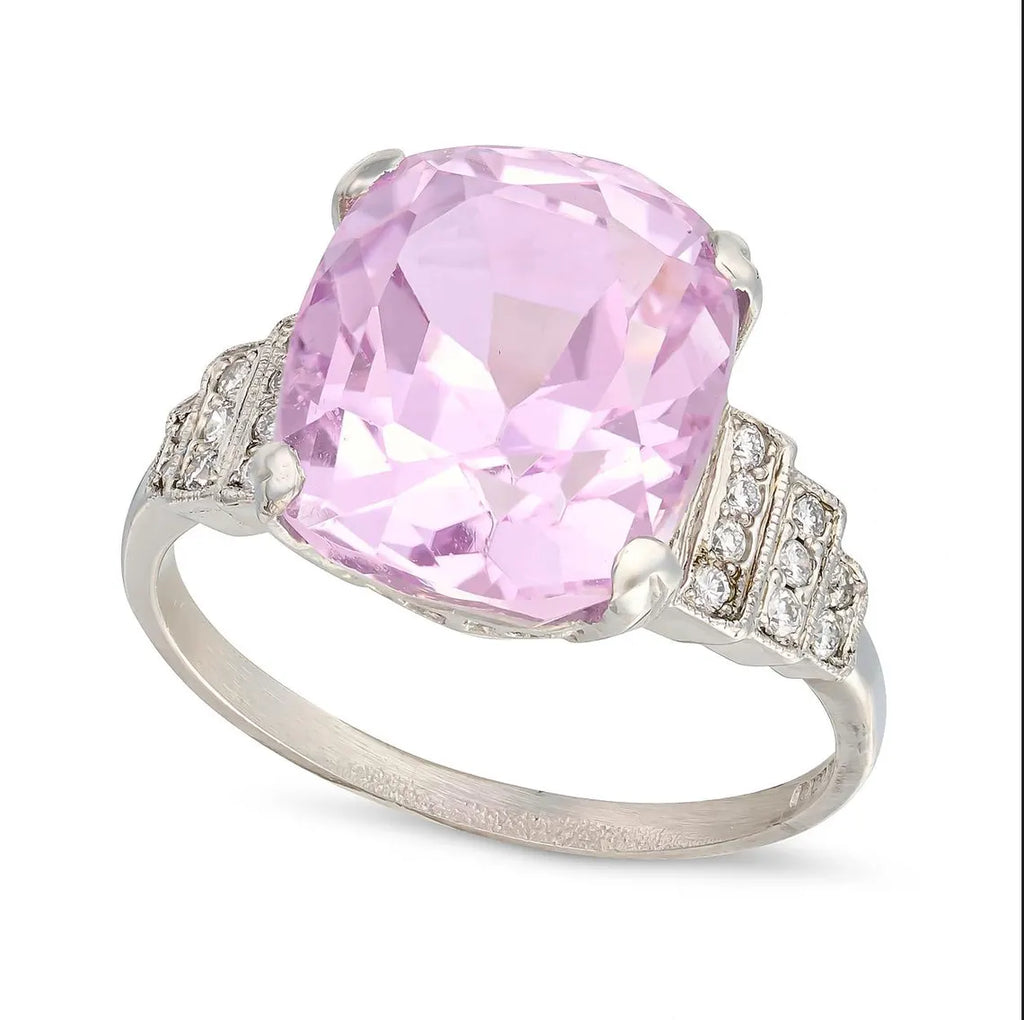 ART DECO Style 9.24 Carat KUNZITE Platinum Ring with Diamonds