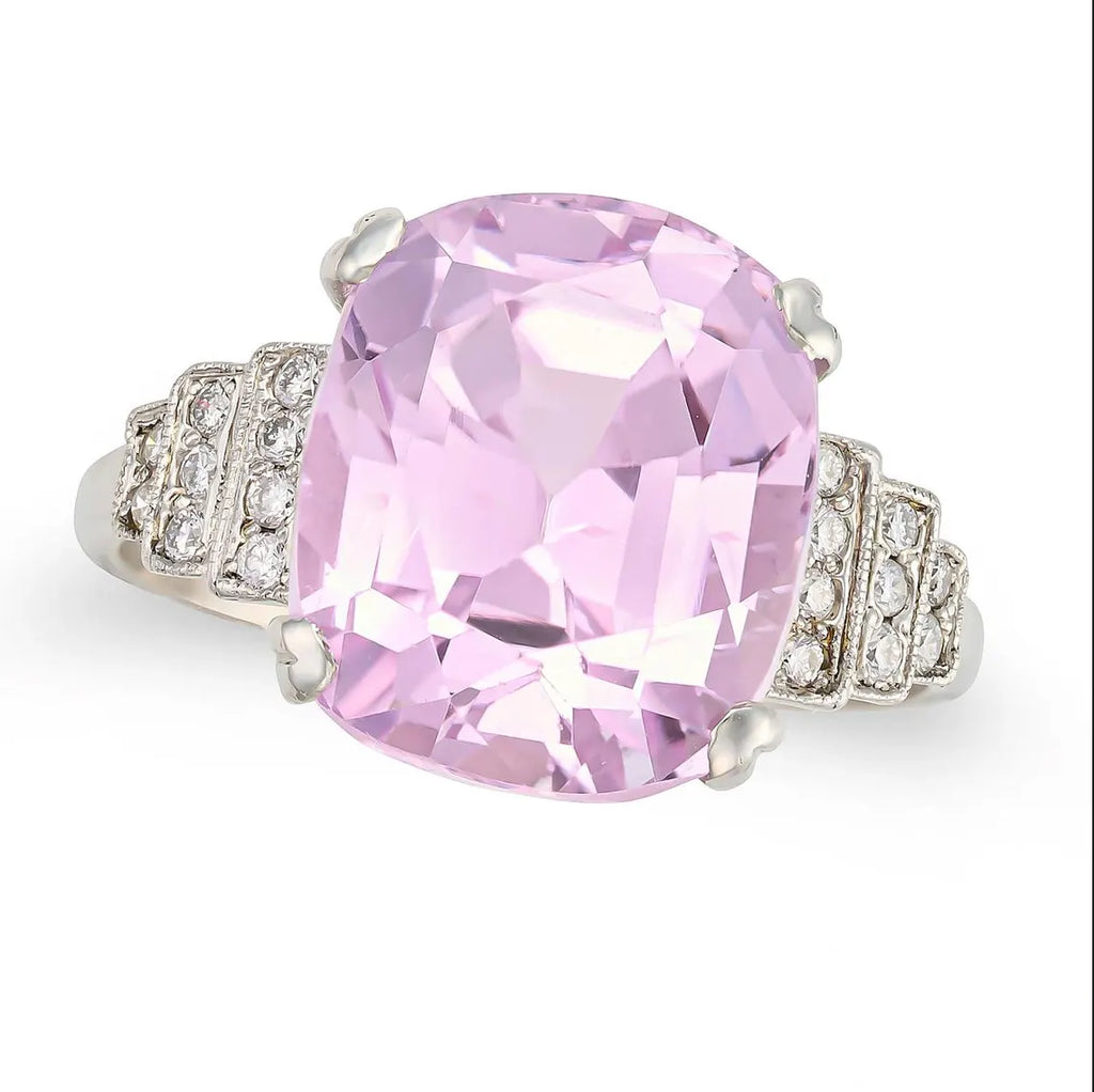 ART DECO Style 9.24 Carat KUNZITE Platinum Ring with Diamonds
