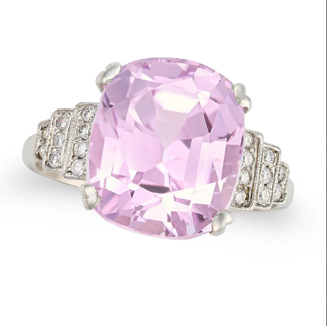 ART DECO Style 9.24 Carat KUNZITE Platinum Ring with Diamonds