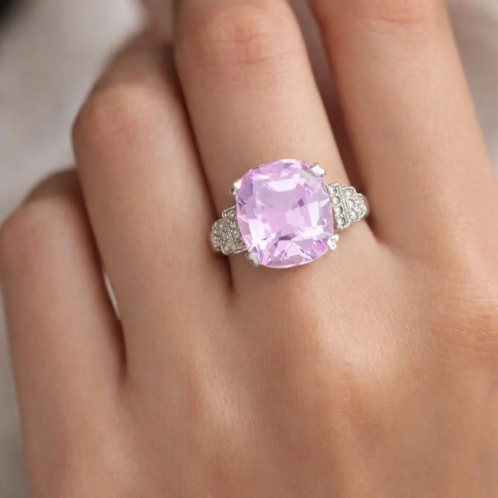 ART DECO Style 9.24 Carat KUNZITE Platinum Ring with Diamonds