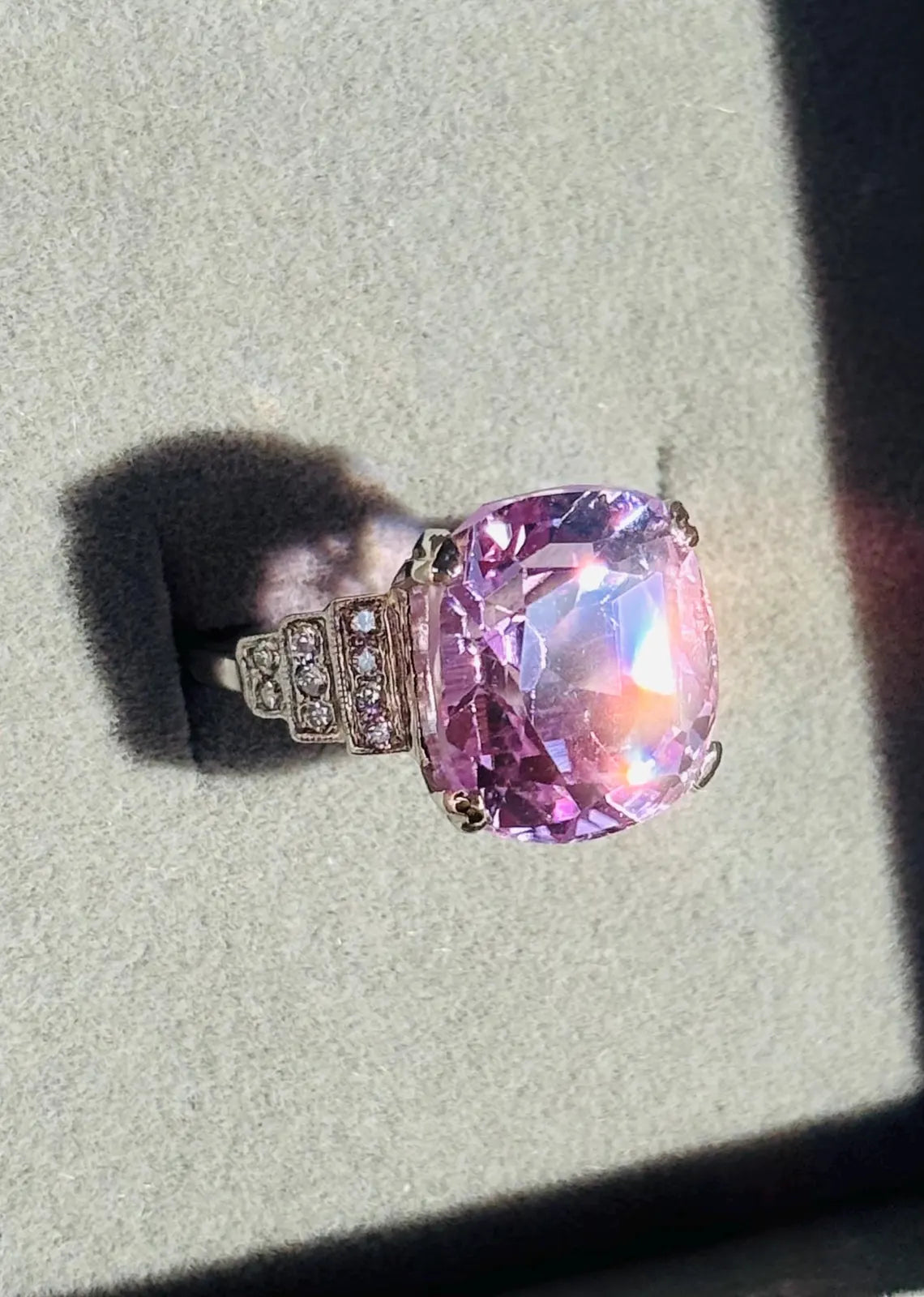 ART DECO Style 9.24 Carat KUNZITE Platinum Ring with Diamonds